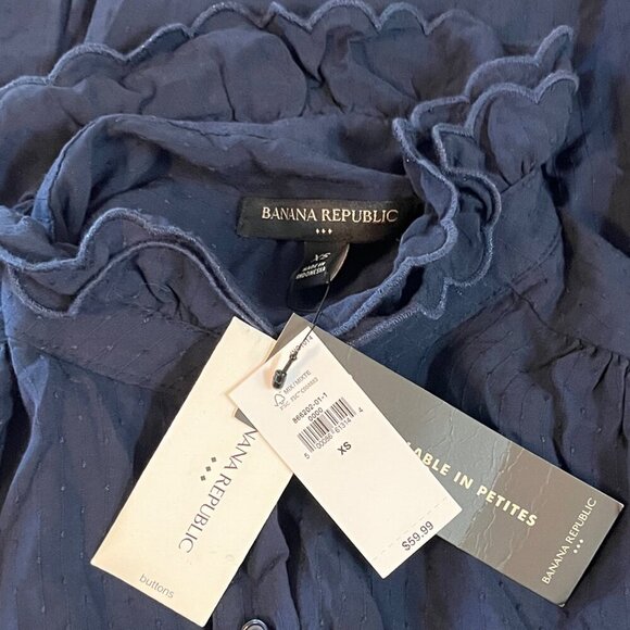 BANANA REPUBLIC WOMENS BUTTON DOWN RUFFLED BLOUSE NAVY BLUE SIZE XSMALL - Picture 4 of 9